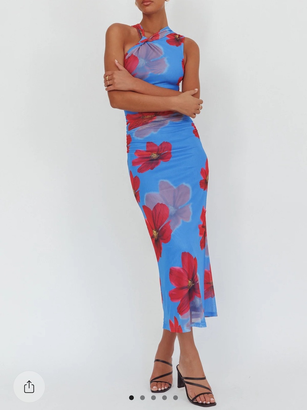 Selfie Leslie Blue One-Shoulder Floral Coverup with Red Blooms